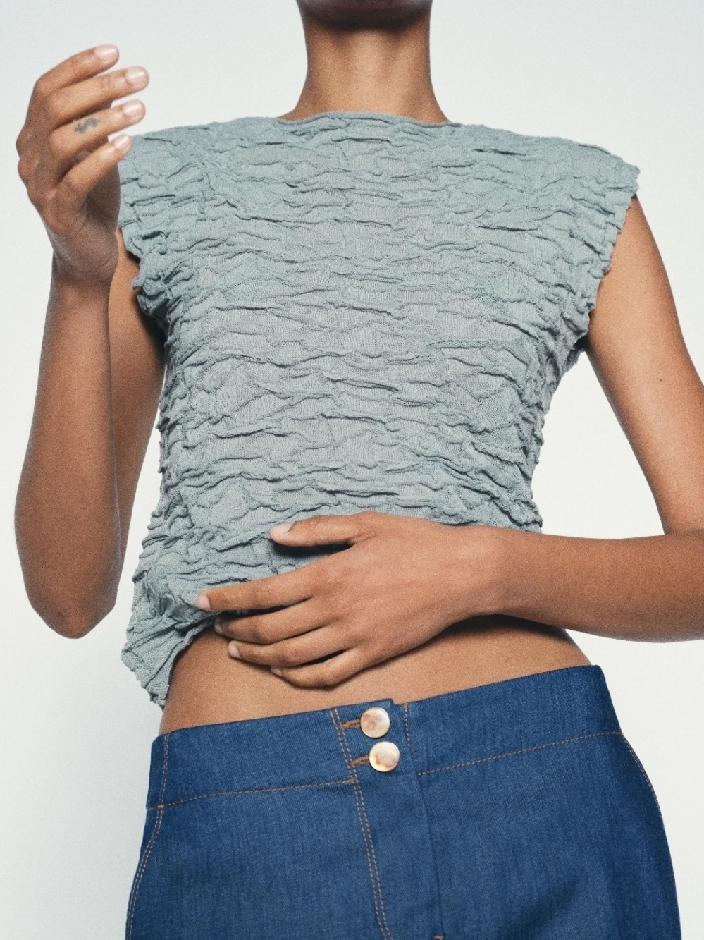 Zara Textured Crinkle Crop Top in Sage Green